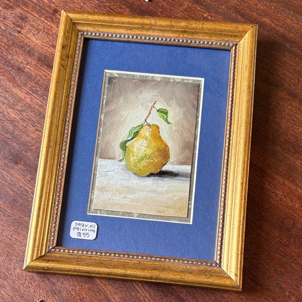 Framed Pear Oil Painting with Gold Frame